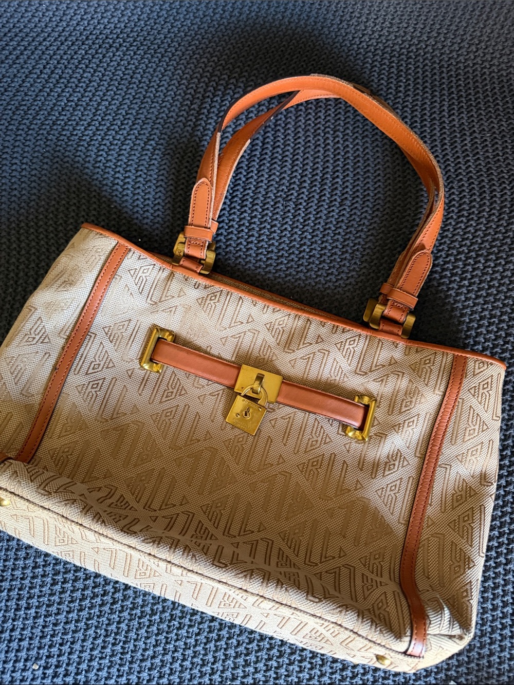 Polo by Ralph Lauren Beige Canvas Tote with light briwn Trim and Gold Hardware - Picture 10 of 12